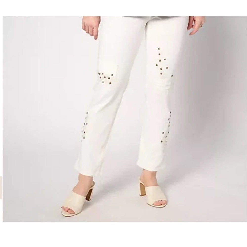 LOGO by Lori Goldstein Special Edition White Studded Distressed Jeans 22W